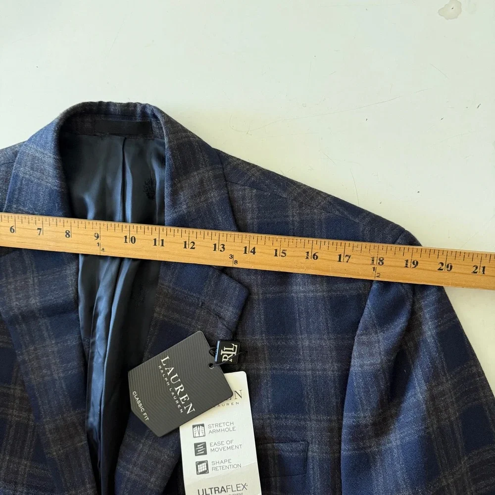 Lauren Ralph Lauren Mens Ultraflex Navy Brown Plaid Wool Blazer 42 Long LETO12P